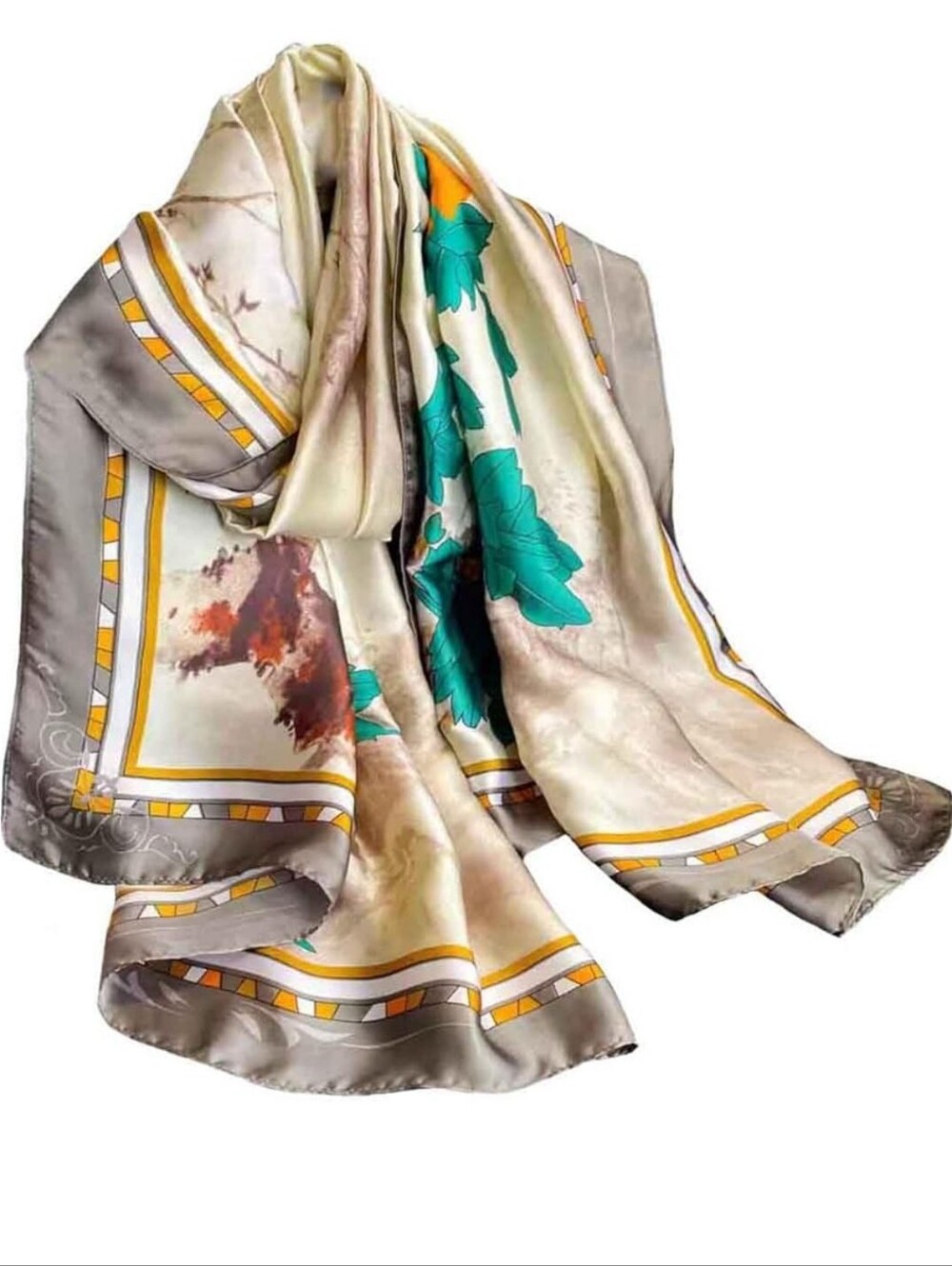 Elegant Cream Floral Silk-Feel Scarf with Teal Accents